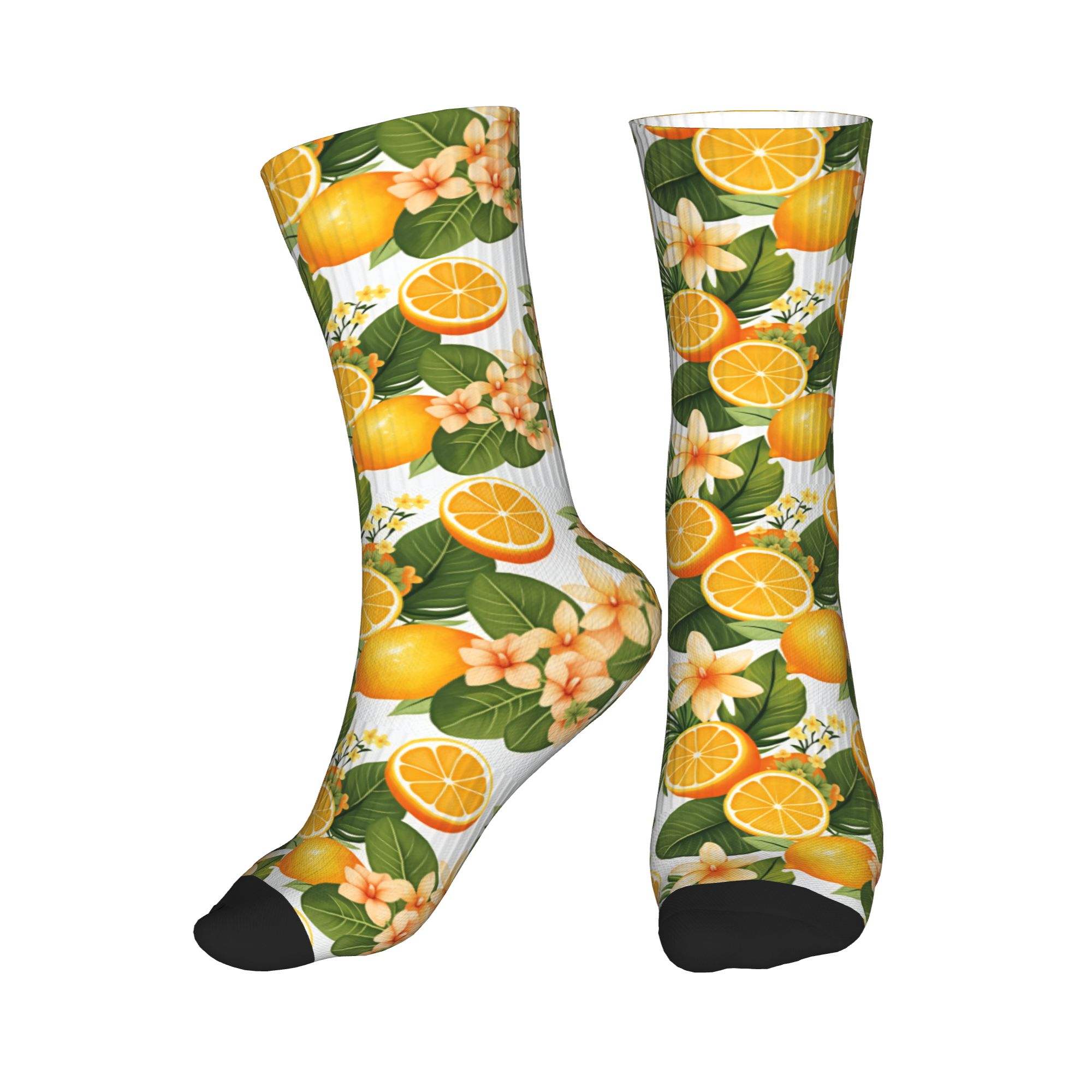 Dress Sock Men - Lustige Herren-Socken mit tropischem Orangen-Zitronen-Plumeria-Blumenmuster, nahtloser